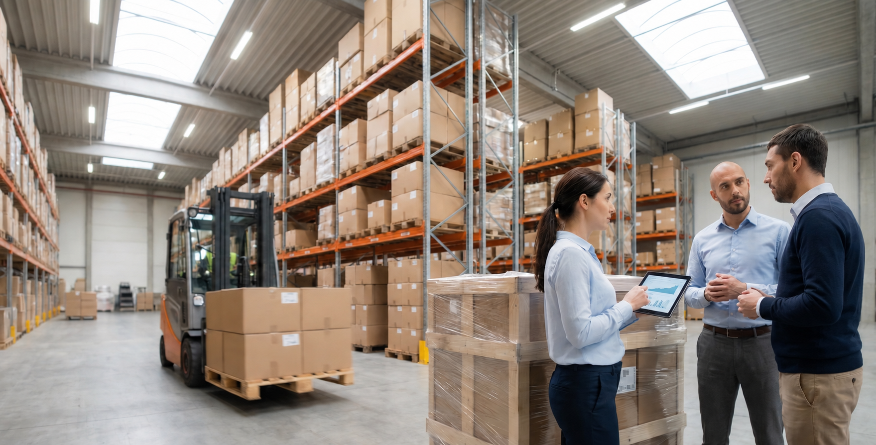 Three colleagues discussing stock in a warehouse